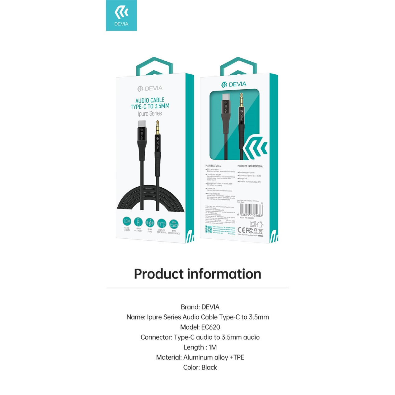 CAVO AUDIO PLACCATO ORO DEVIA DA Type-C a Jack 3.5mm LUNGEZZA 1mt